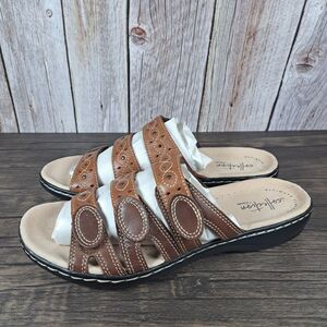 Clarks Leisa Cacti Q 3 Strap Slip On Open Back Sandals Women's Sz 8.5 M Brown